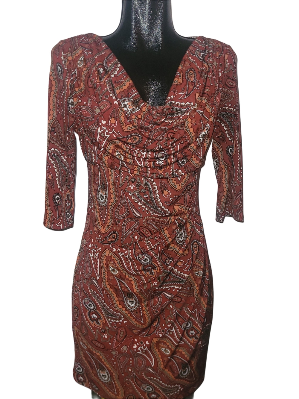 Suzy Shier Rust Paisley Cowl Neck Cropped Sleeve Women’s Dress Size M